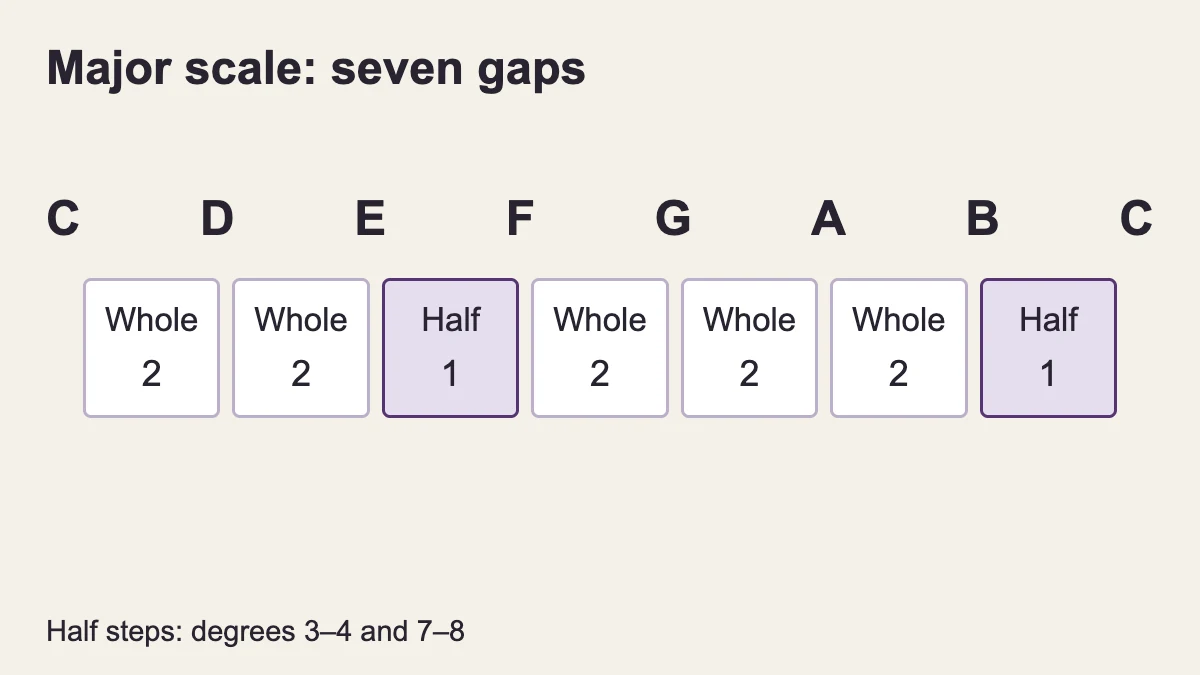 The major scale has whole, whole, half, whole, whole, whole, half steps. Numbers below show semitones.