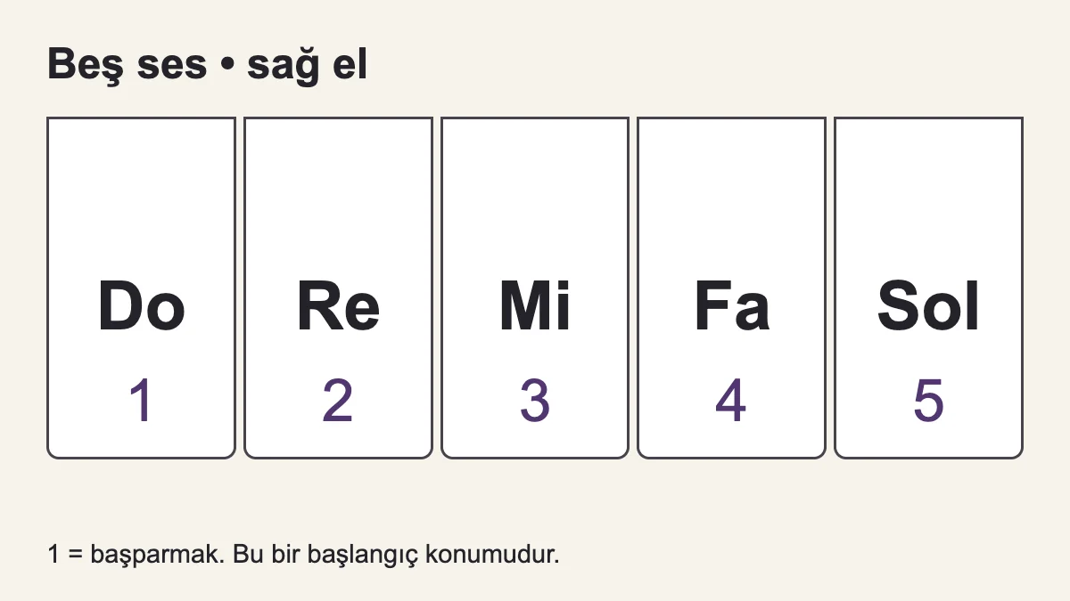 Do–Sol beş ses konumu: sağ elde 1–2–3–4–5.