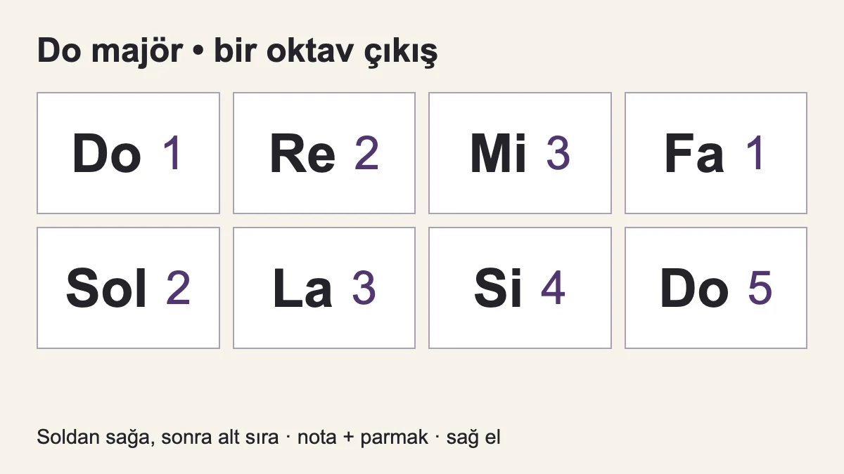 Bir oktav do majör çıkışı: sağ elde 1–2–3–1–2–3–4–5.
