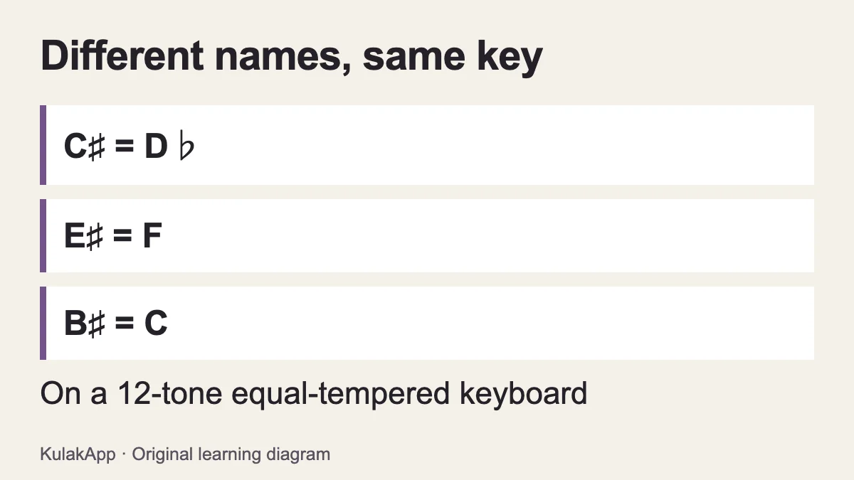 In equal temperament C sharp equals D flat, E sharp equals F, and B sharp equals C