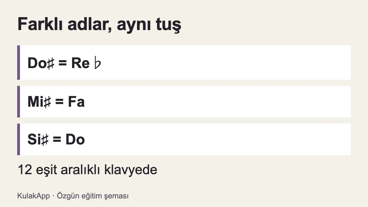 Eşit aralıklı klavyede Do diyez Re bemole, Mi diyez Fa’ya, Si diyez Do’ya karşılık gelir