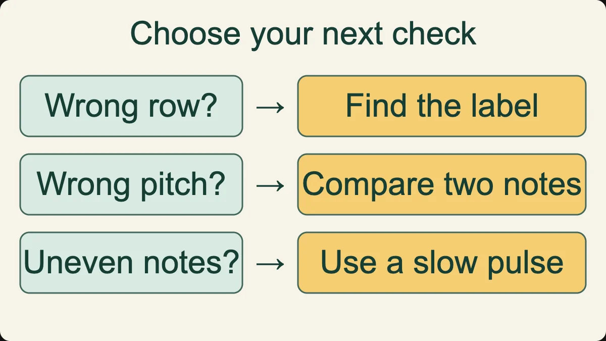 Check the string label for a location error, compare two notes for pitch confusion, and slow the pulse for uneven attacks.