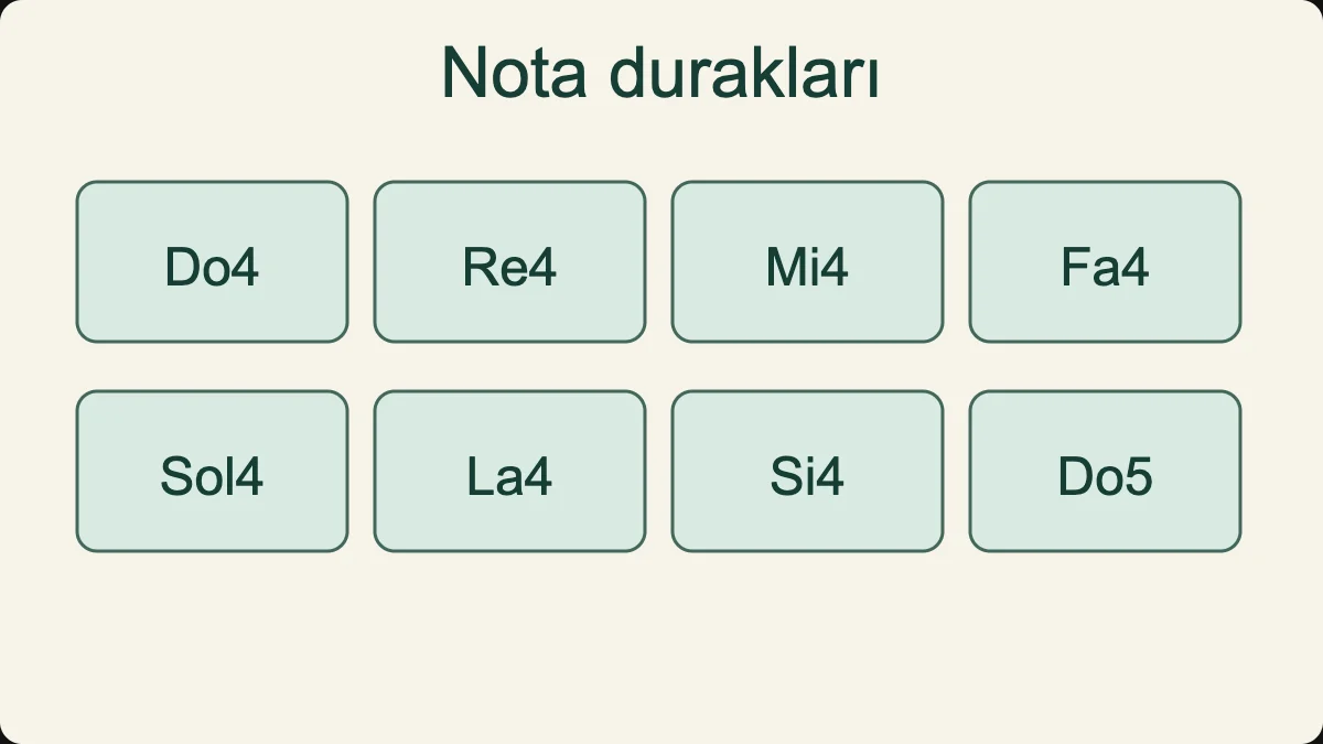Do4 ile Do5 arasındaki doğal nota durakları. Araç ara sesleri de içerir; bu bir parmak tablosu değildir.