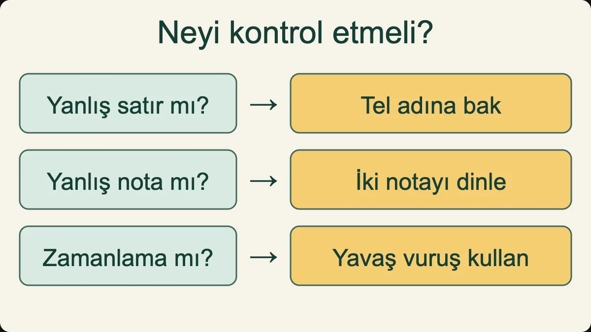Yanlış tel satırını, yanlış perdeyi ve düzensiz zamanlamayı ayrı görevlerle kontrol et.