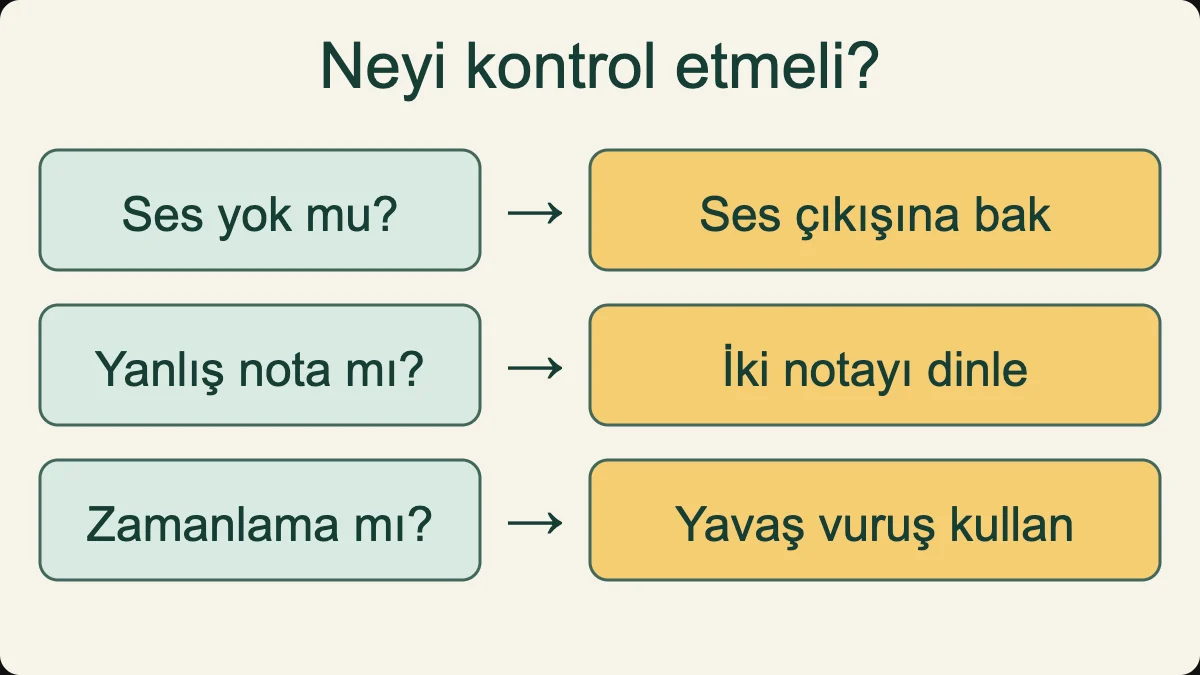 Ses çıkışını, iki nota arasındaki perde farkını ve yavaş vuruş düzenini ayrı ayrı kontrol et.