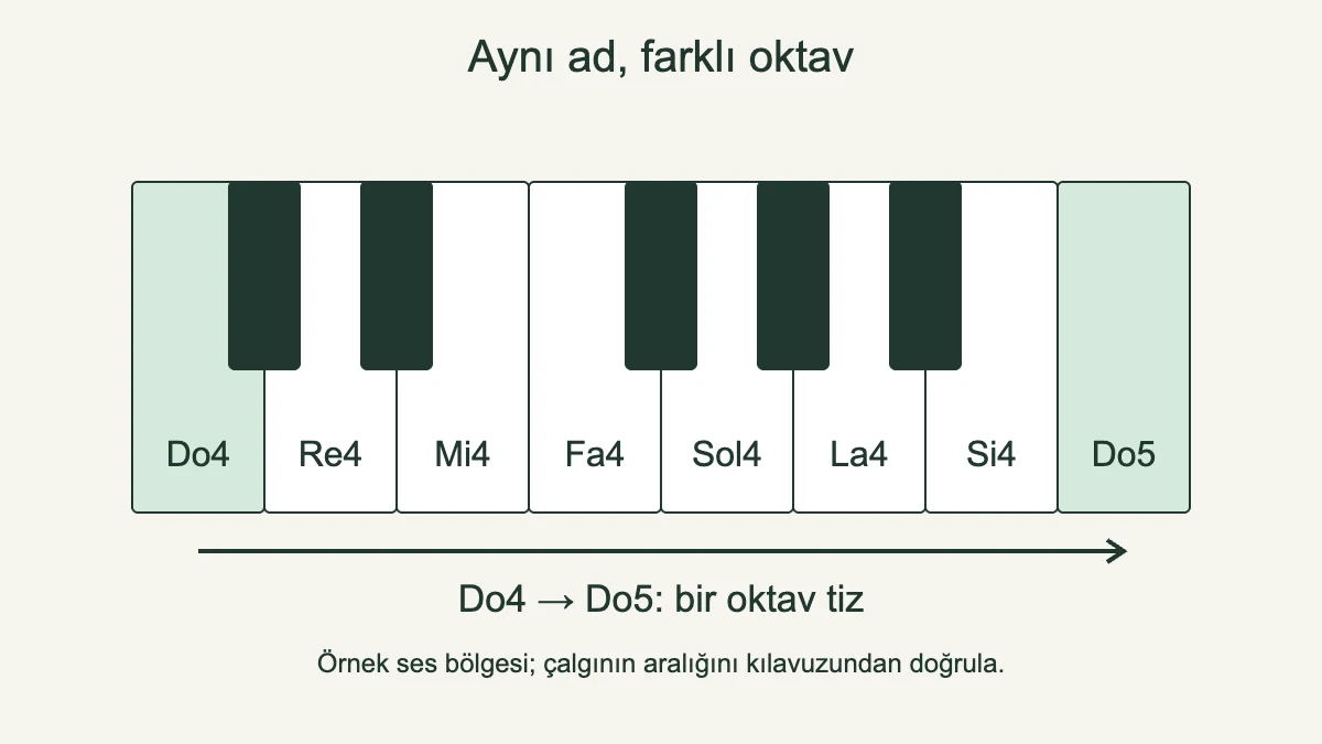 Do4 ile Do5 arasındaki bir oktavın tuş haritası