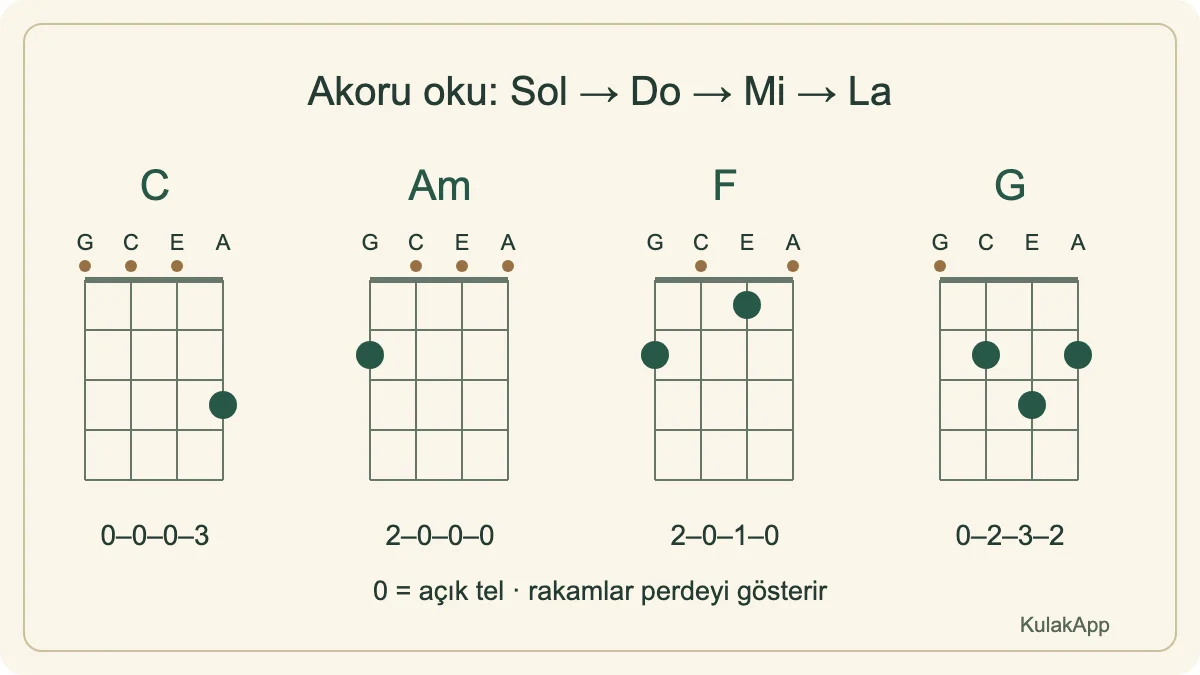 Do majör, La minör, Fa majör ve Sol majör. İşaretler basılacak perdeleri, üstteki küçük daireler açık telleri gösterir.