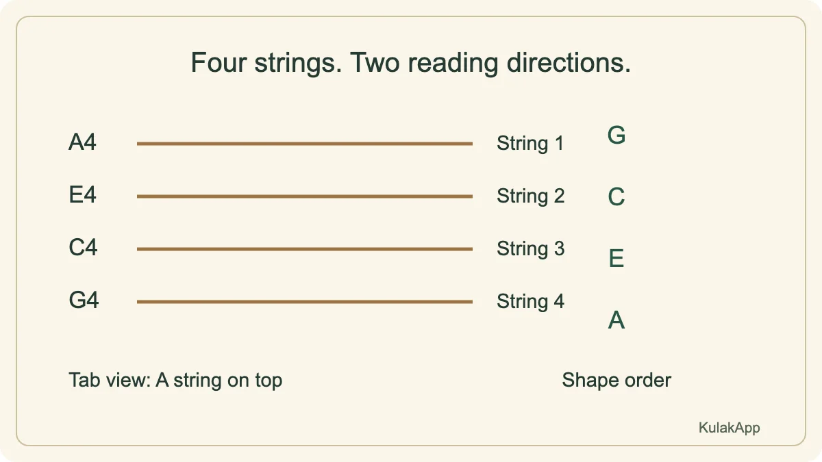 The neck shows A on top. Chord-shape numbers read in G–C–E–A order.