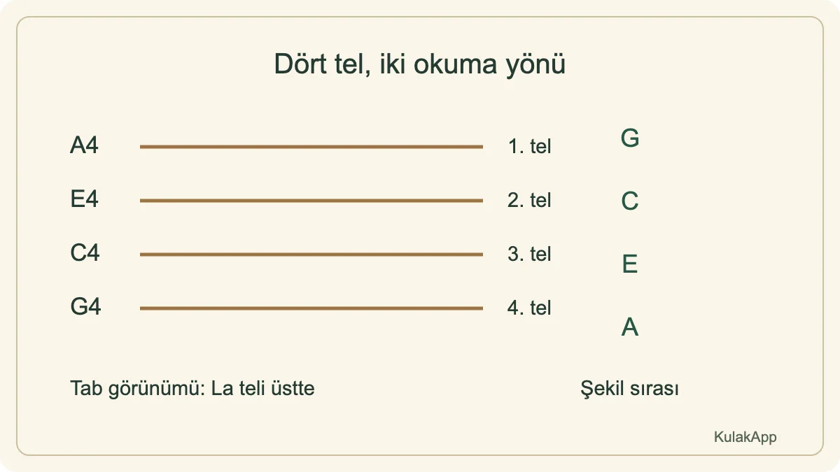 Sapta La üstte görünür. Akorun dört rakamı ise Sol–Do–Mi–La sırasıyla okunur.