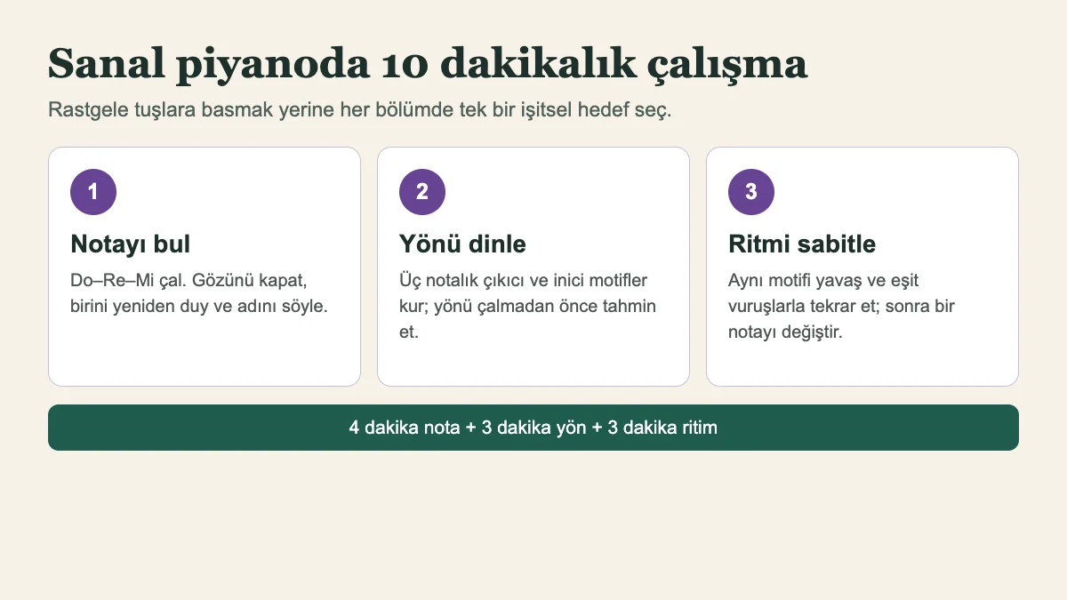 Sanal piyanoda nota bulma, ezgi yönü ve ritim için 10 dakikalık çalışma planı
